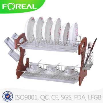 High Quality Metal Chromed Dish Drainer with Wooden Plate